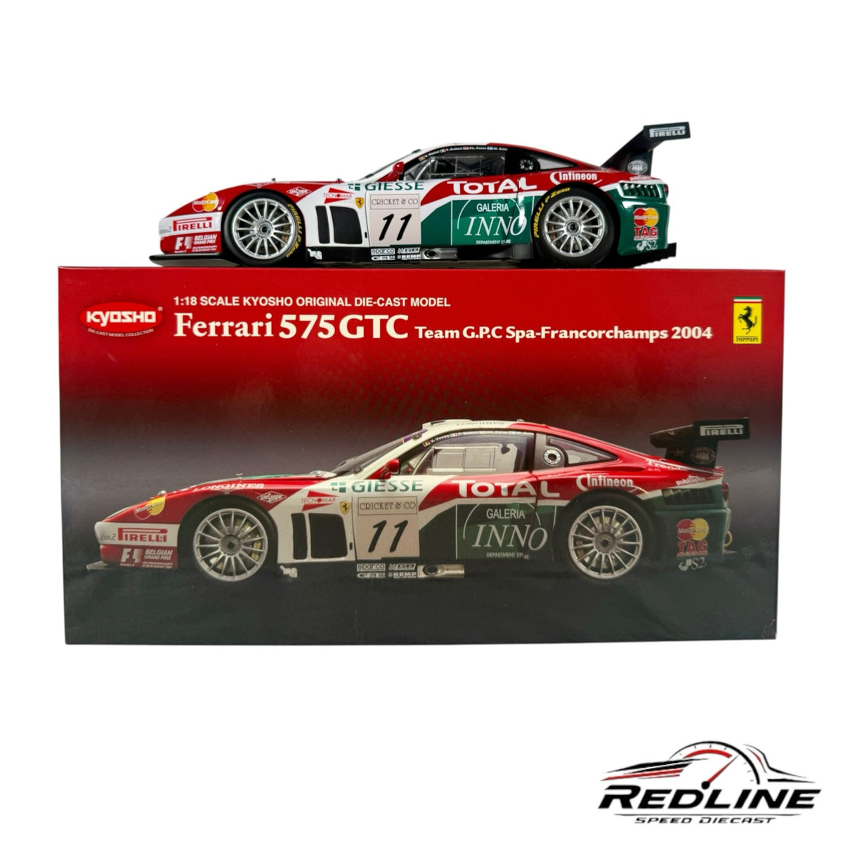 Redline Speed Diecast 1:18 scale Ferrari 575 GTC racing model in red, white, and green livery with sponsor decals.