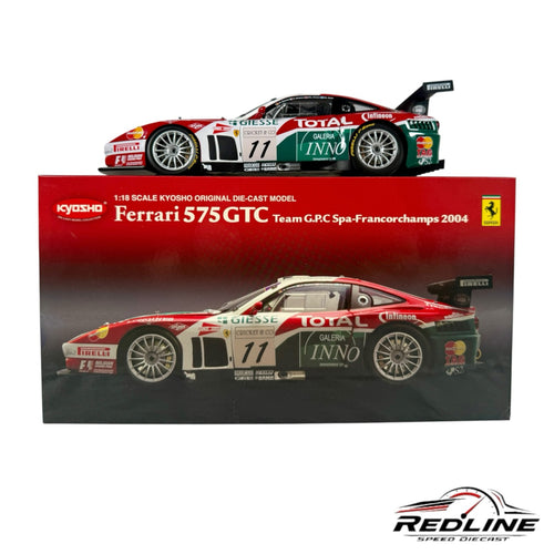 Redline Speed Diecast 1:18 scale Ferrari 575 GTC racing model in red, white, and green livery with sponsor decals.