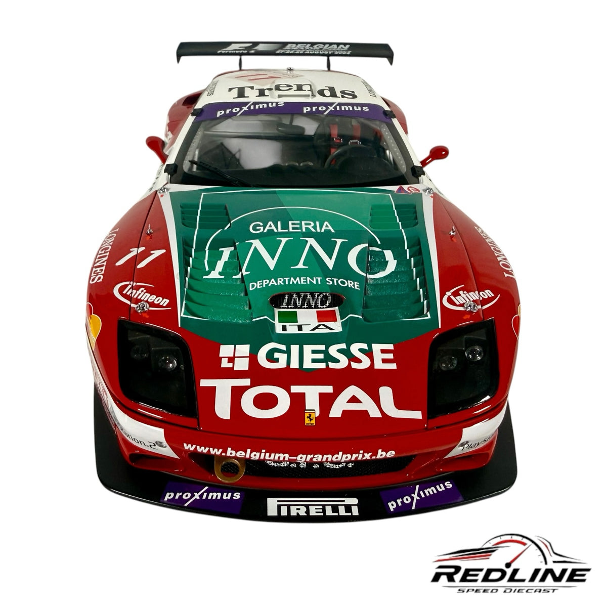 Redline Speed Diecast 1:18 scale Ferrari 575 GTC racing model in red, white, and green livery with sponsor decals.