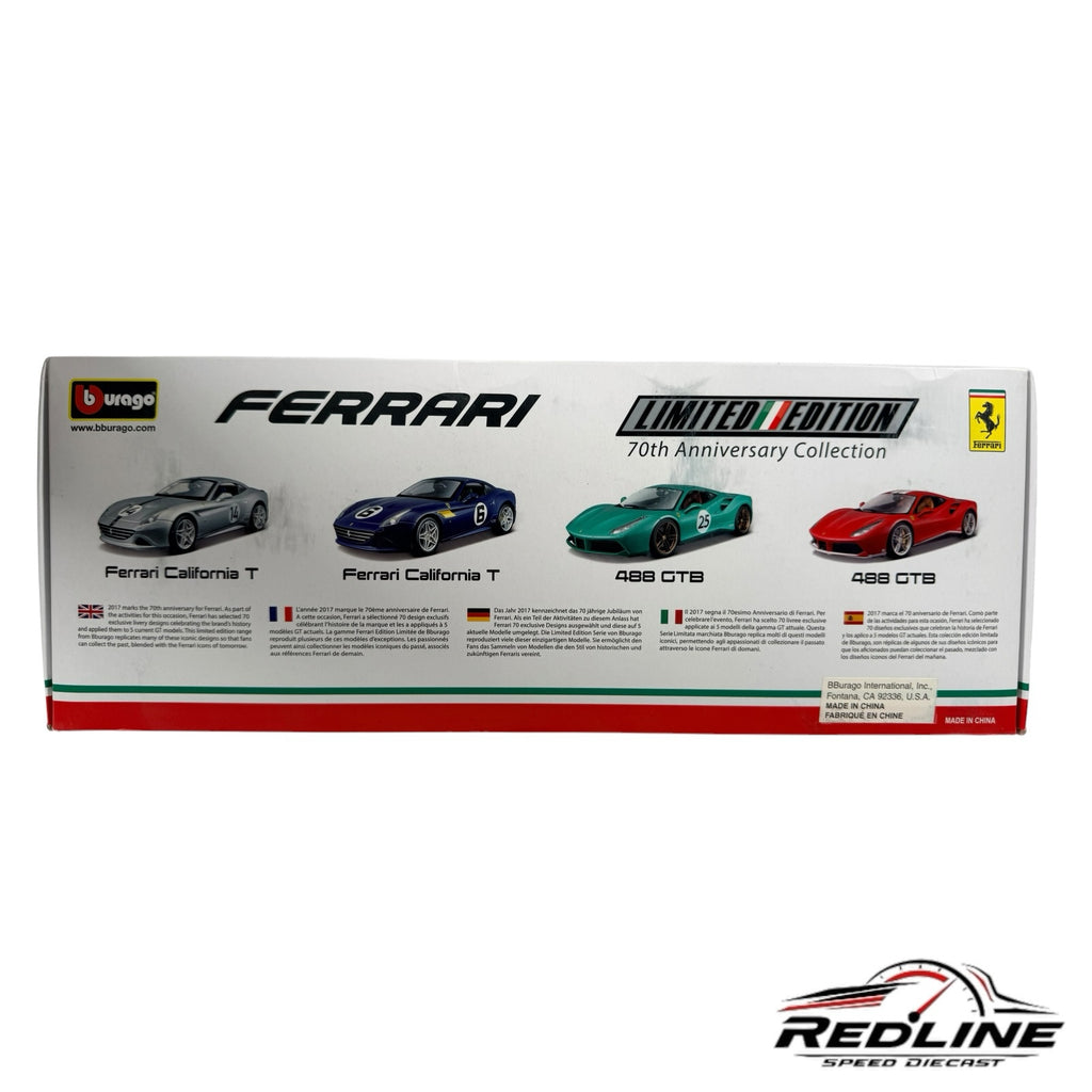 Redline Speed Diecast Bburago Ferrari 70th Anniversary Collection model car packaging showing four different cars.