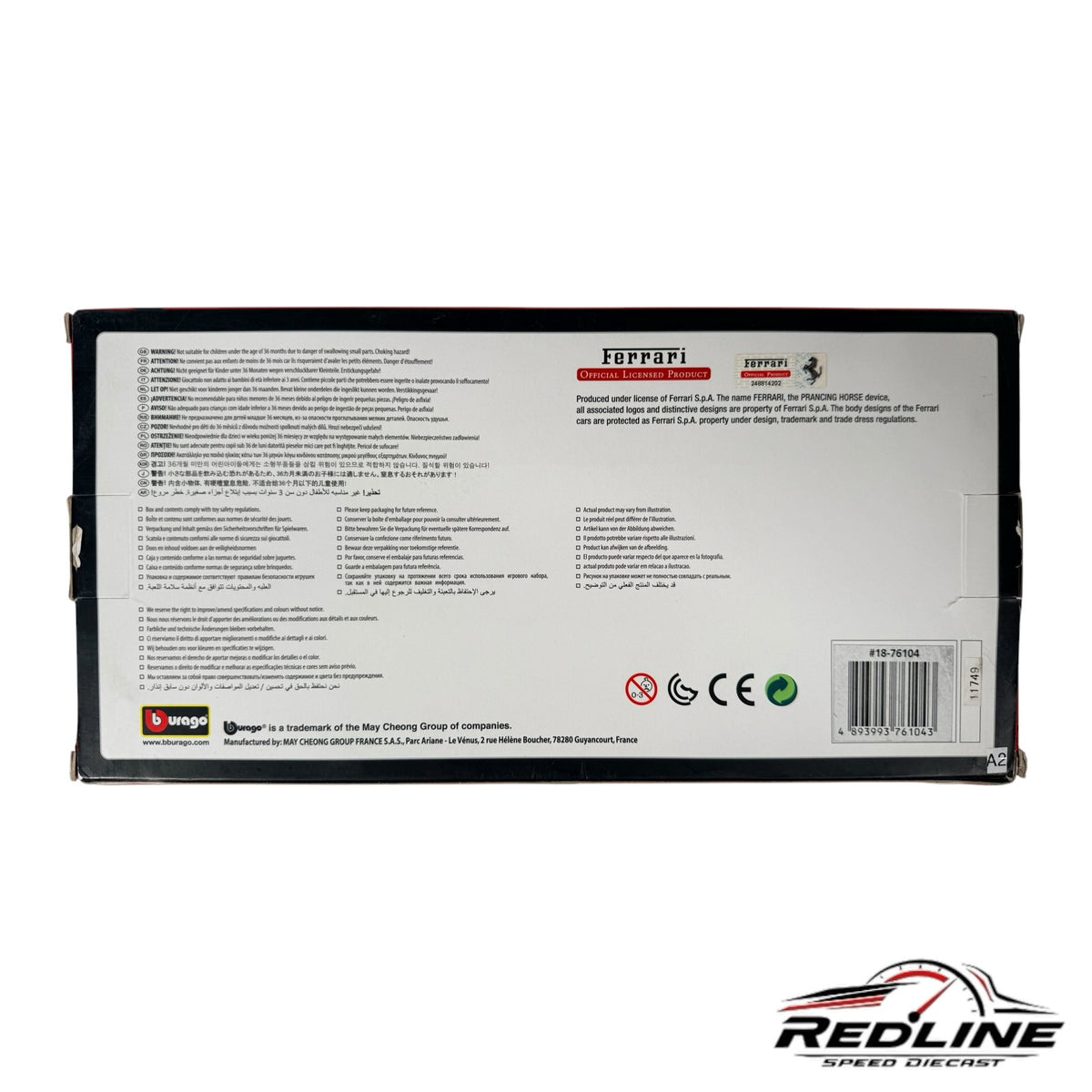 Redline Speed Diecast Bburago Ferrari California T 70th Anniversary model packaging box back view with safety warnings