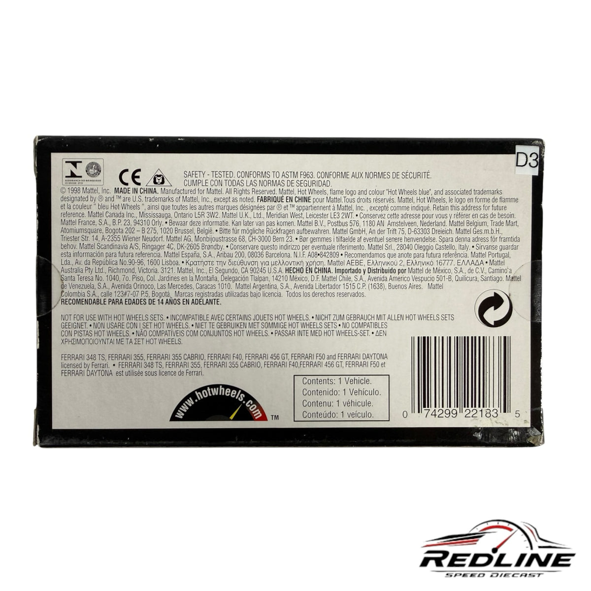 Redline Speed Diecast 1:43 scale Ferrari 1968 365 GTS Daytona Spider model packaging back view with safety information