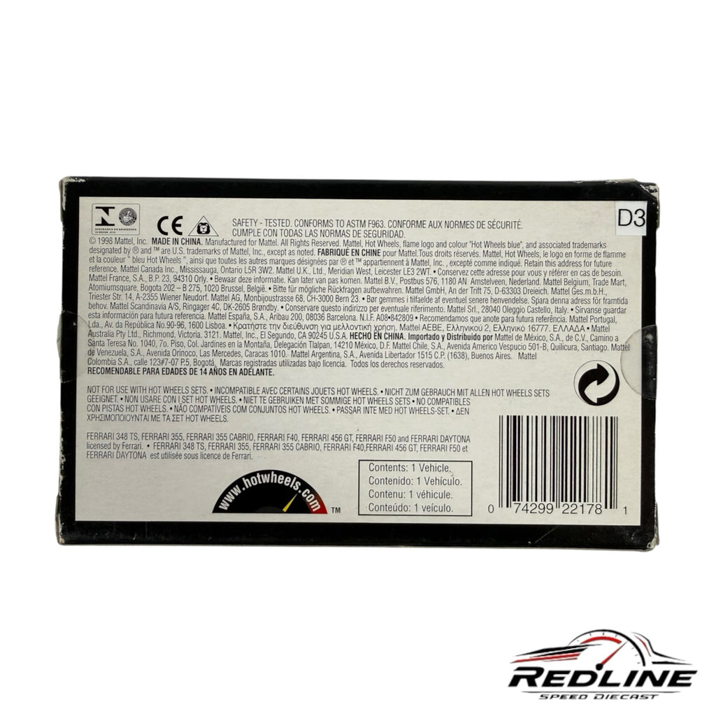 Redline Speed Diecast Hot Wheels Ferrari F355 Spider packaging back with product information and barcode