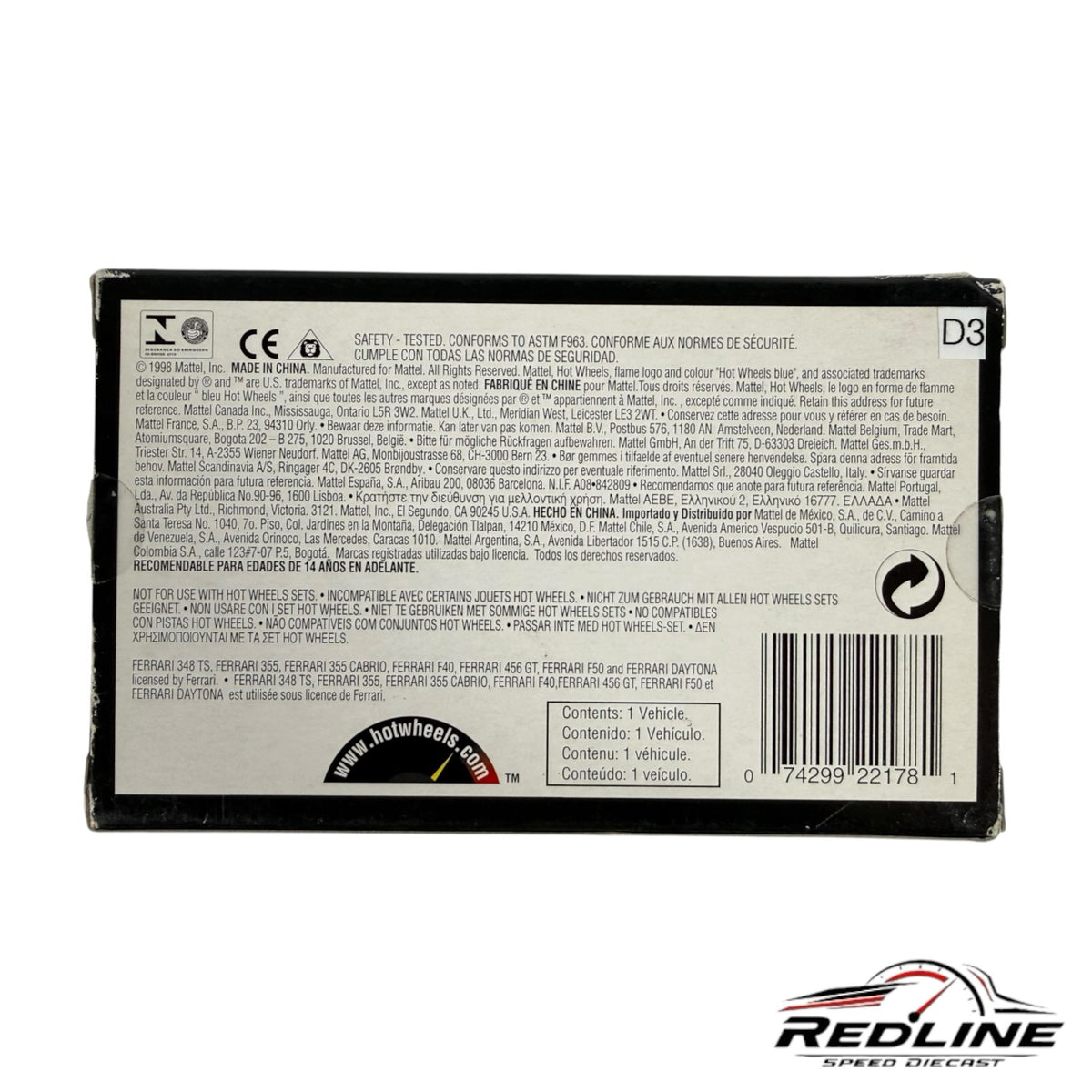 Redline Speed Diecast Hot Wheels Ferrari F355 Spider packaging back with product information and barcode