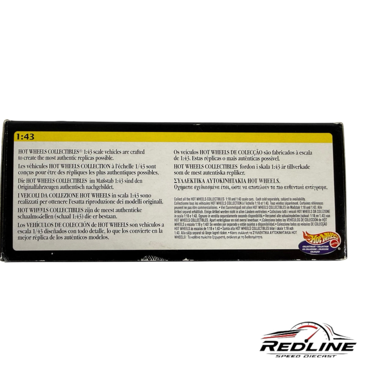 Redline Speed Diecast packaging box for a 1:43 scale Hot Wheels Ferrari F355 Spider model with multilingual text