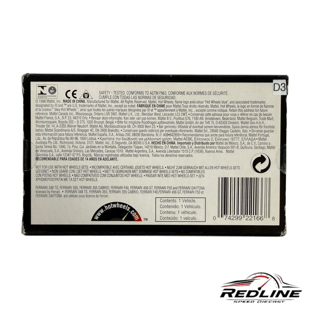 Redline Speed Diecast Hot Wheels 1987 Ferrari F40 model car packaging back view with product information and barcode