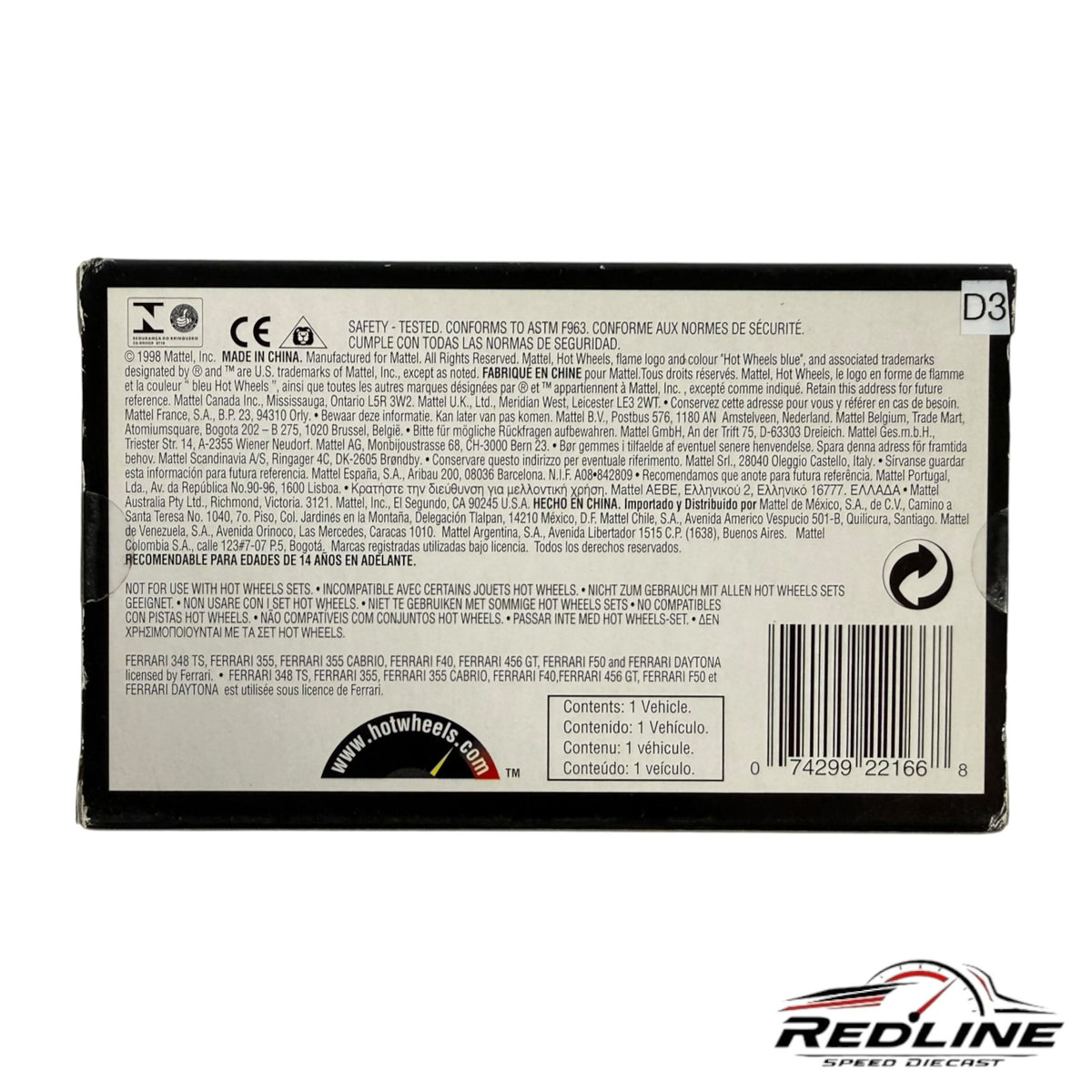 Redline Speed Diecast Hot Wheels 1987 Ferrari F40 model car packaging back view with product information and barcode