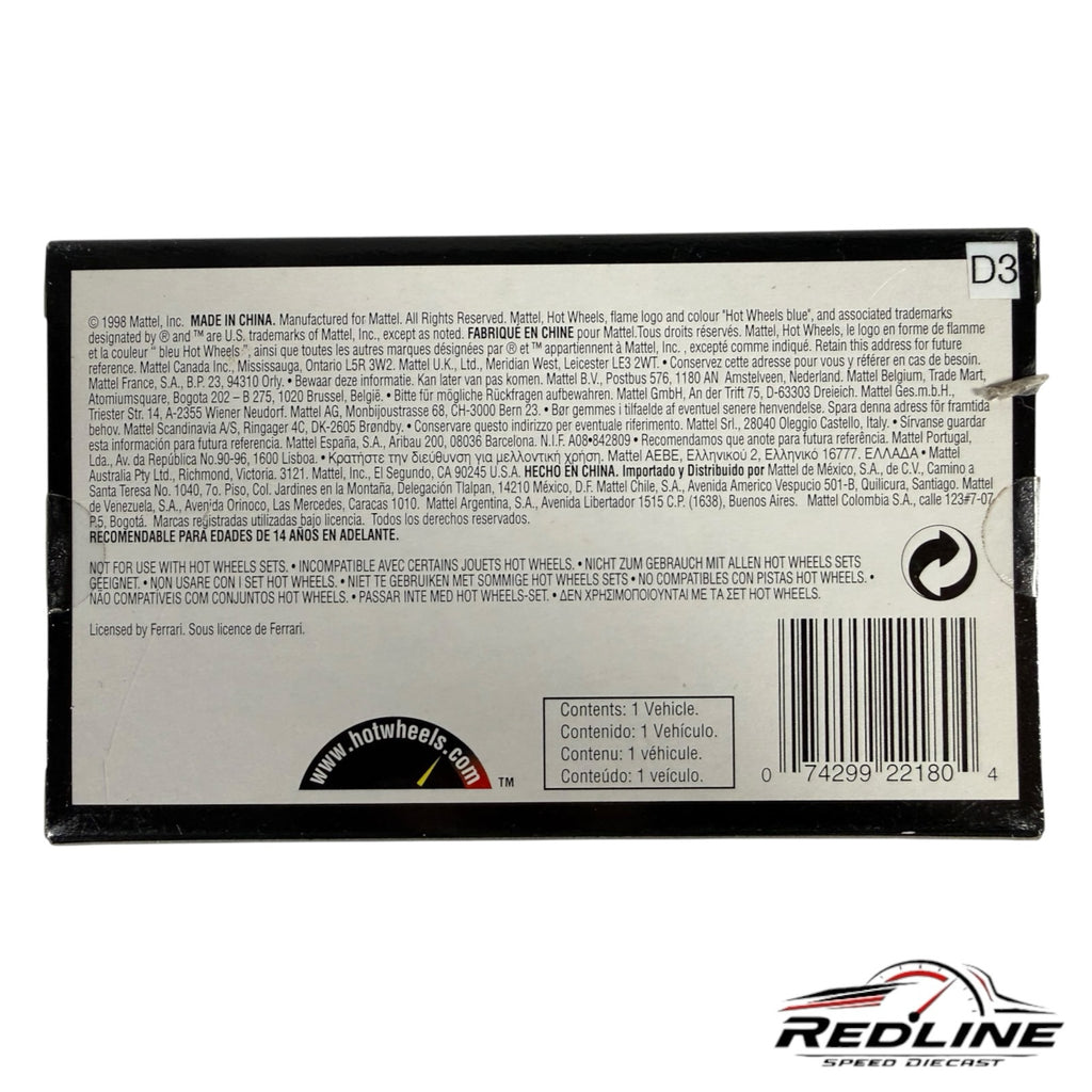 Redline Speed Diecast Hot Wheels Ferrari F50 collectible packaging back view with product information and barcode