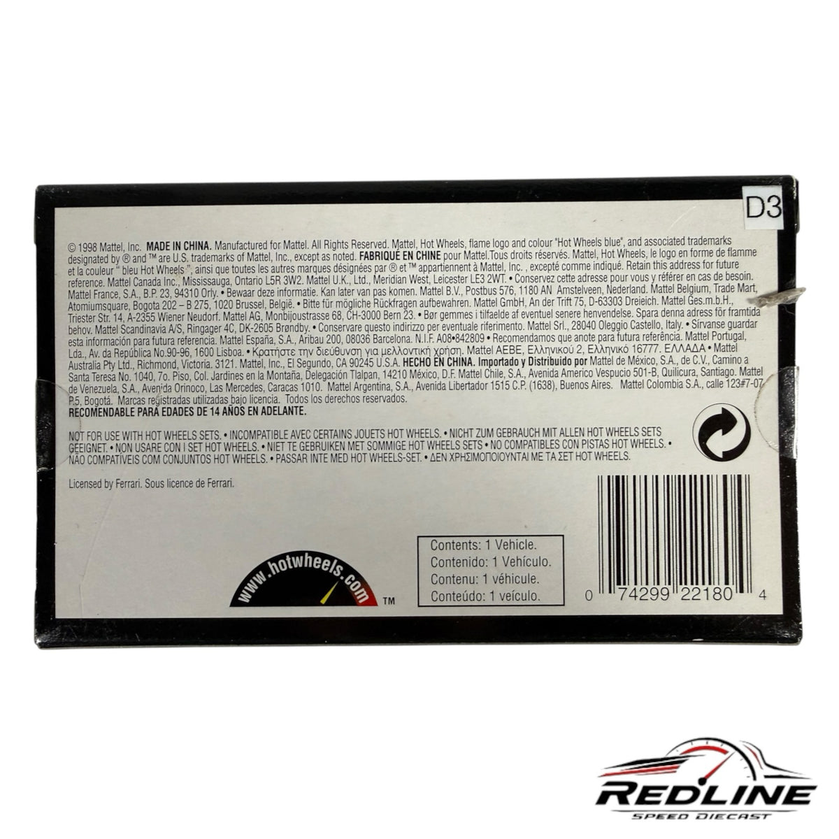Redline Speed Diecast Hot Wheels Ferrari F50 collectible packaging back view with product information and barcode