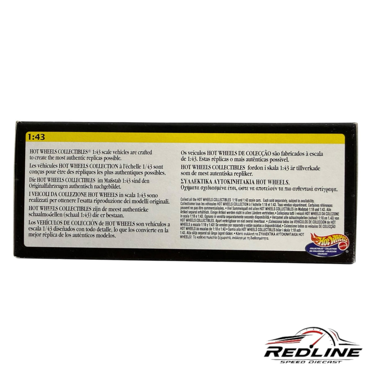 Redline Speed Diecast 1:43 scale Hot Wheels Ferrari F50 collectible packaging back view with multilingual text