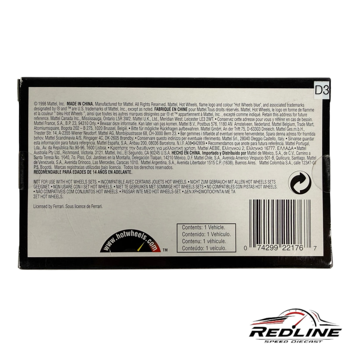 Redline Speed Diecast Ferrari F512 M collector box back with product information and barcode details
