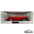 Redline Speed Diecast 1:18 scale Ferrari F550 Maranello model car in Rosso Corsa red with a tan interior in its box.