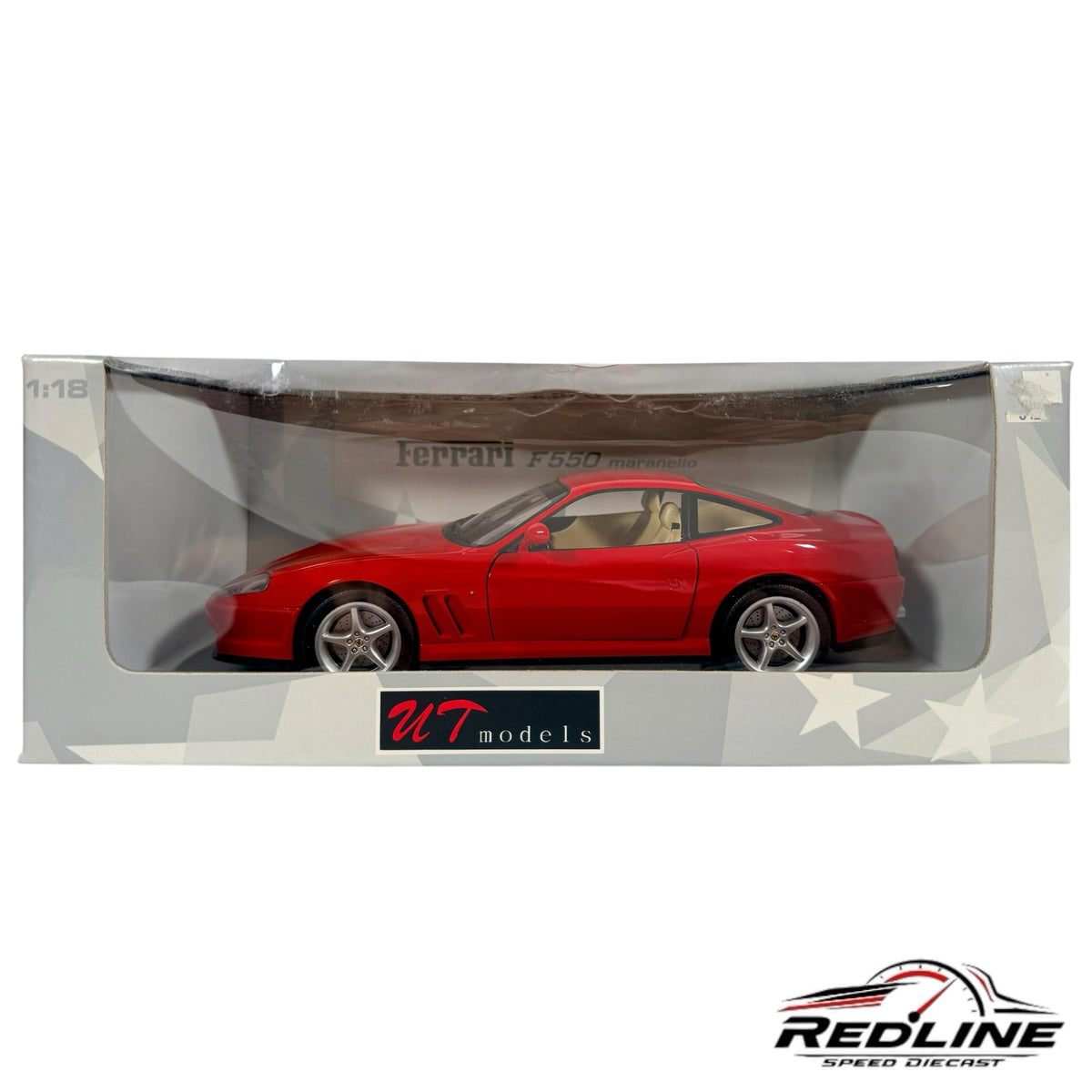 Redline Speed Diecast 1:18 scale Ferrari F550 Maranello model car in Rosso Corsa red with a tan interior in its box.