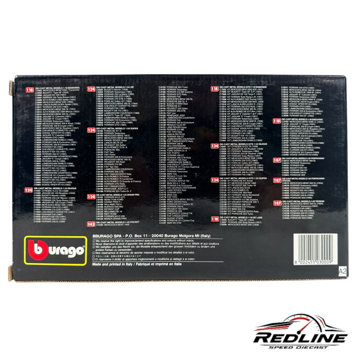 Redline Speed Diecast Bburago Ferrari GTO model vehicle collector box back view with product list