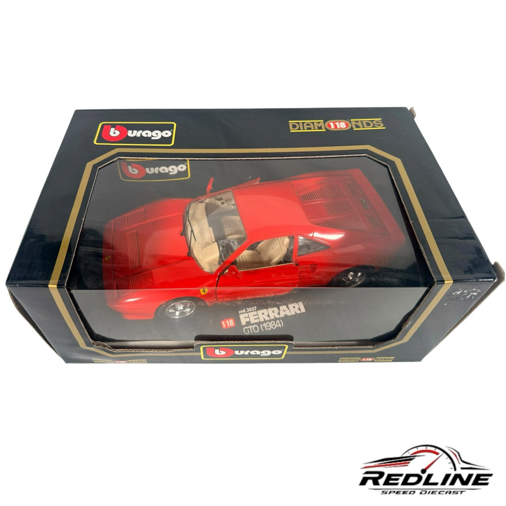 Redline Speed Diecast 1:18 scale Bburago Ferrari GTO model car in vibrant red with beige interior in collector box