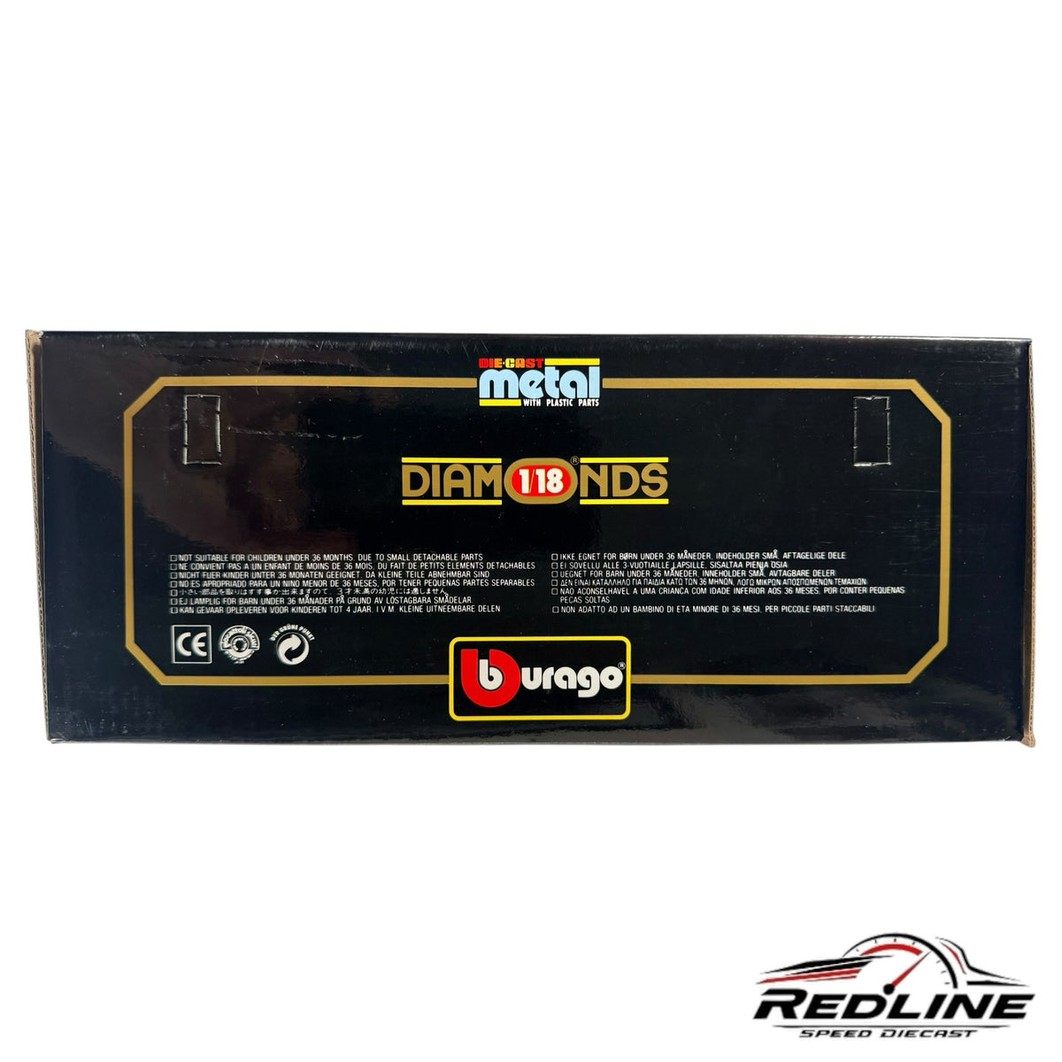 Redline Speed Diecast Bburago 1:18 scale Ferrari GTO model car collector box with safety warnings and branding