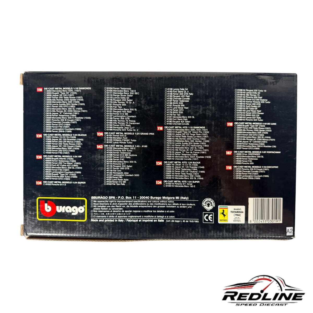 Redline Speed Diecast Bburago Ferrari Testarossa 1:18 scale model collector box back view with product list