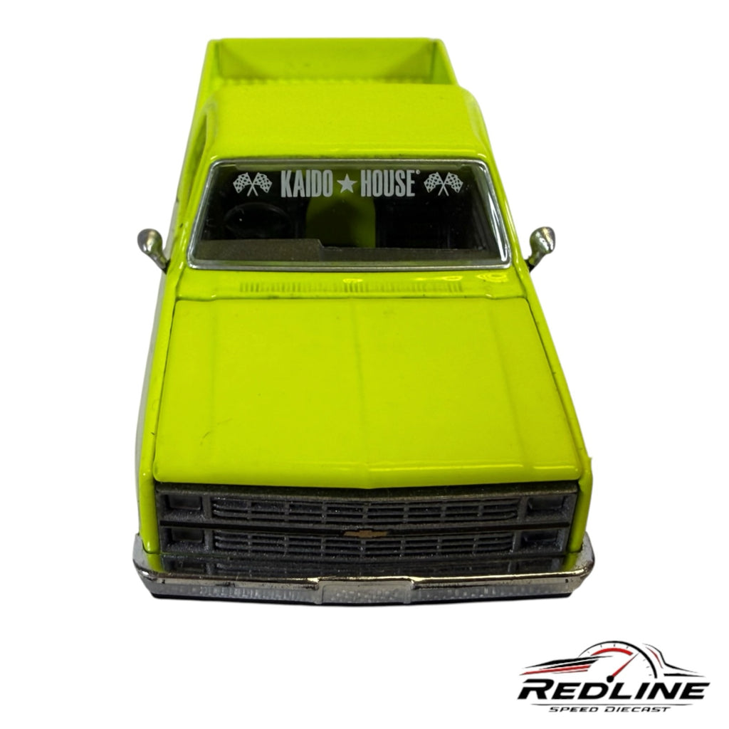 Redline Speed Diecast KAIDO HOUSE MINI GT Chevrolet Silverado in flo yellow with custom windshield branding