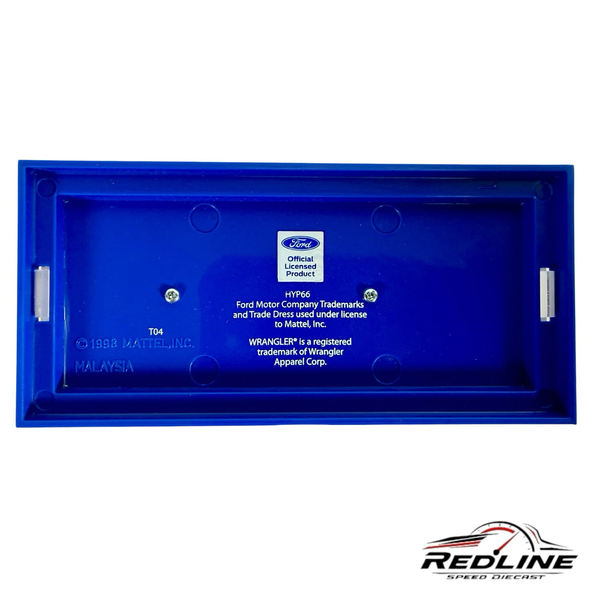Redline Speed Diecast blue plastic display base for 1985 Ford Bronco model with official Ford and Wrangler branding