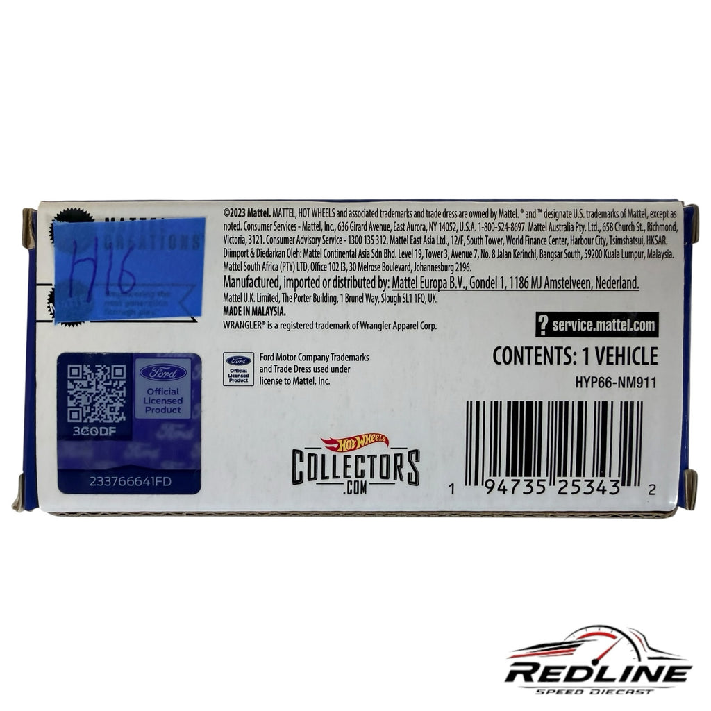 Redline Speed Diecast Hot Wheels 1985 Ford Bronco packaging back view with product information and barcode