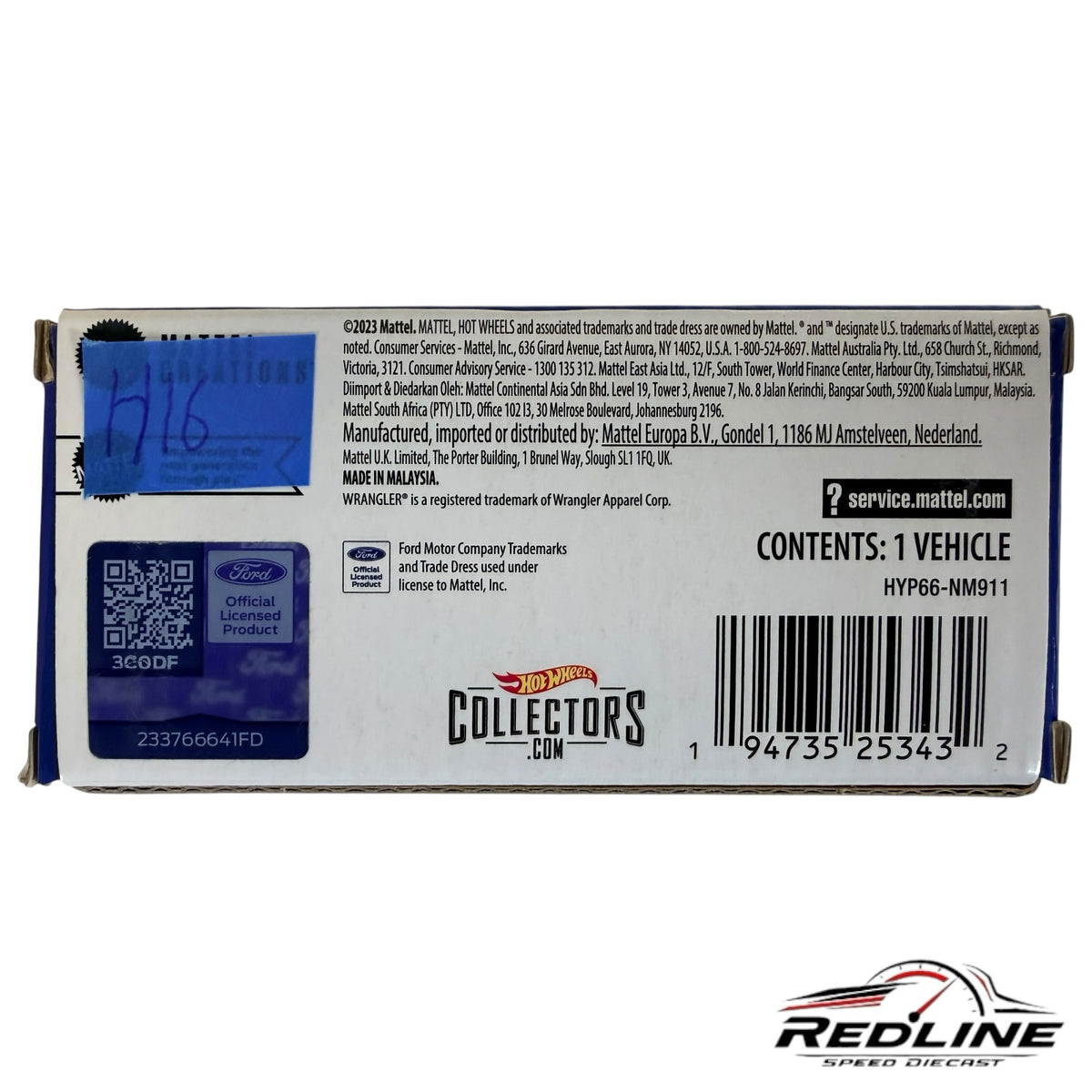 Redline Speed Diecast Hot Wheels 1985 Ford Bronco packaging back view with product information and barcode