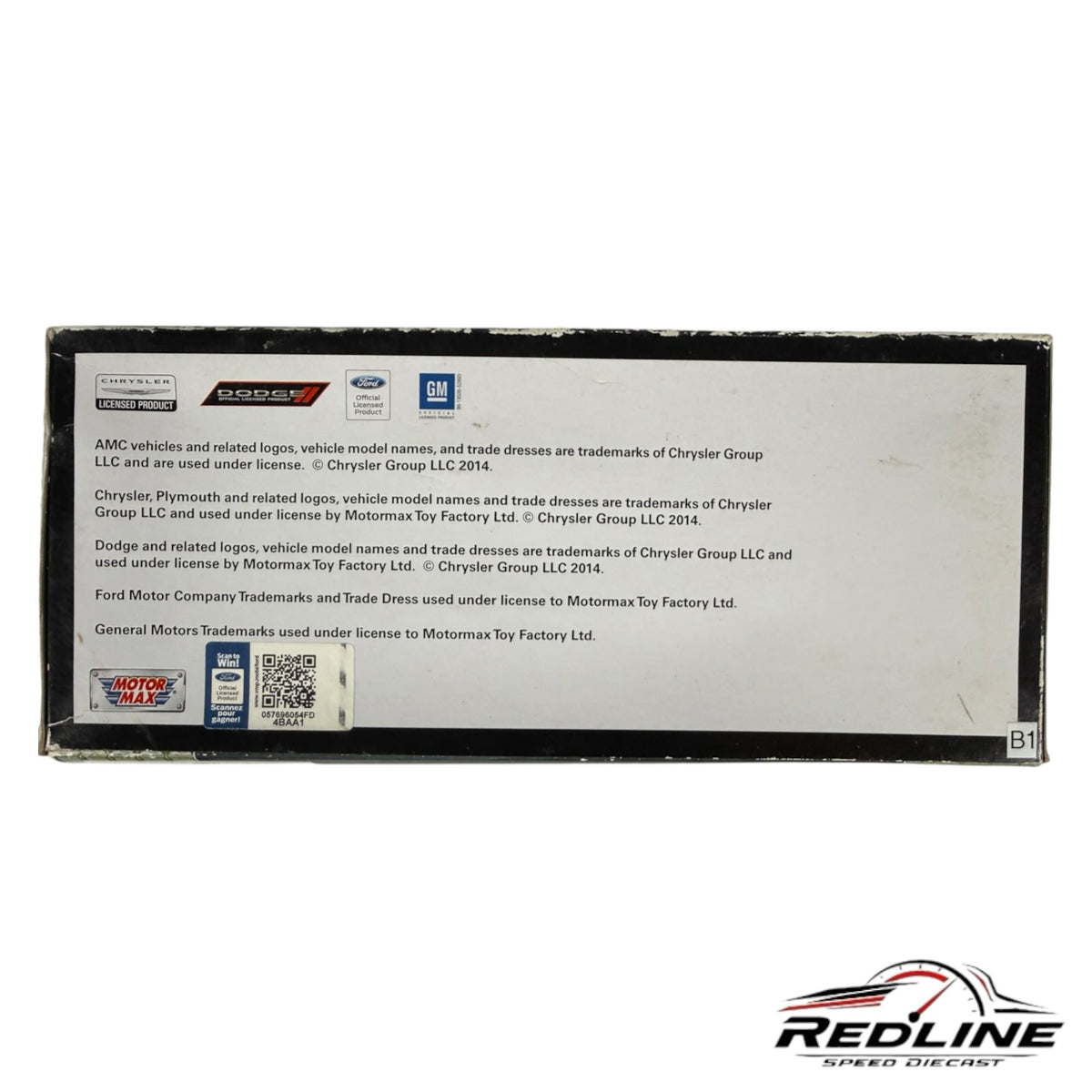 Redline Speed Diecast packaging back showing licensing information and logos for a 1955 Ford F-100 diecast model