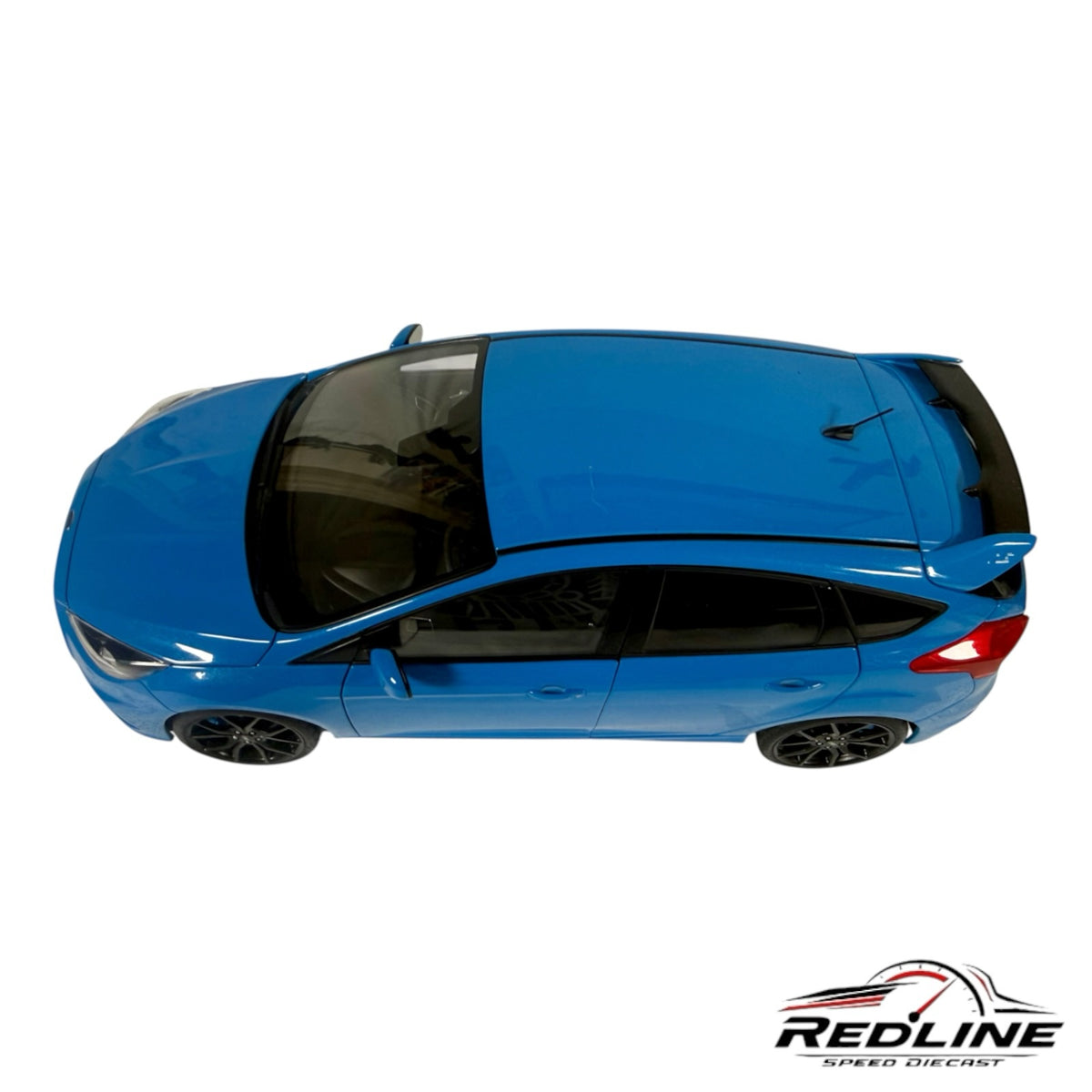 Redline Speed Diecast 1:18 scale Ford Focus RS model car in Nitrous Blue with black wheels, top-down view.