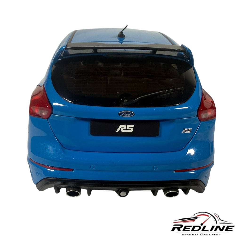 Redline Speed Diecast 1:18 scale Ford Focus RS model car in Nitrous Blue featuring a rear spoiler and dual exhaust