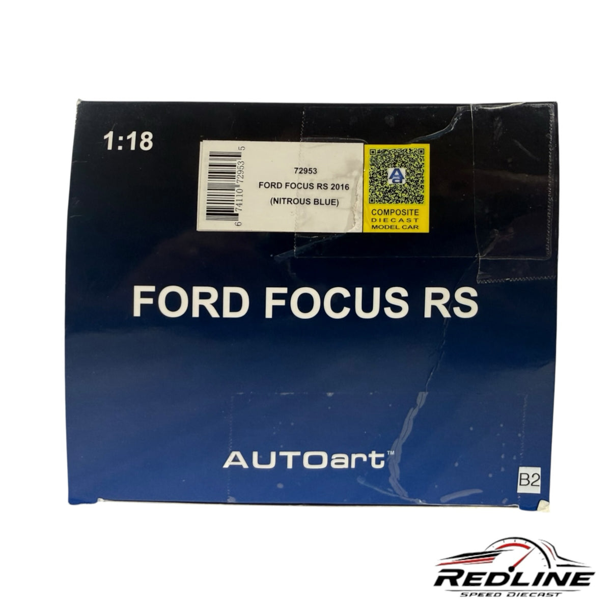 Redline Speed Diecast AUTOart 1:18 scale Ford Focus RS model car packaging box in blue with product details