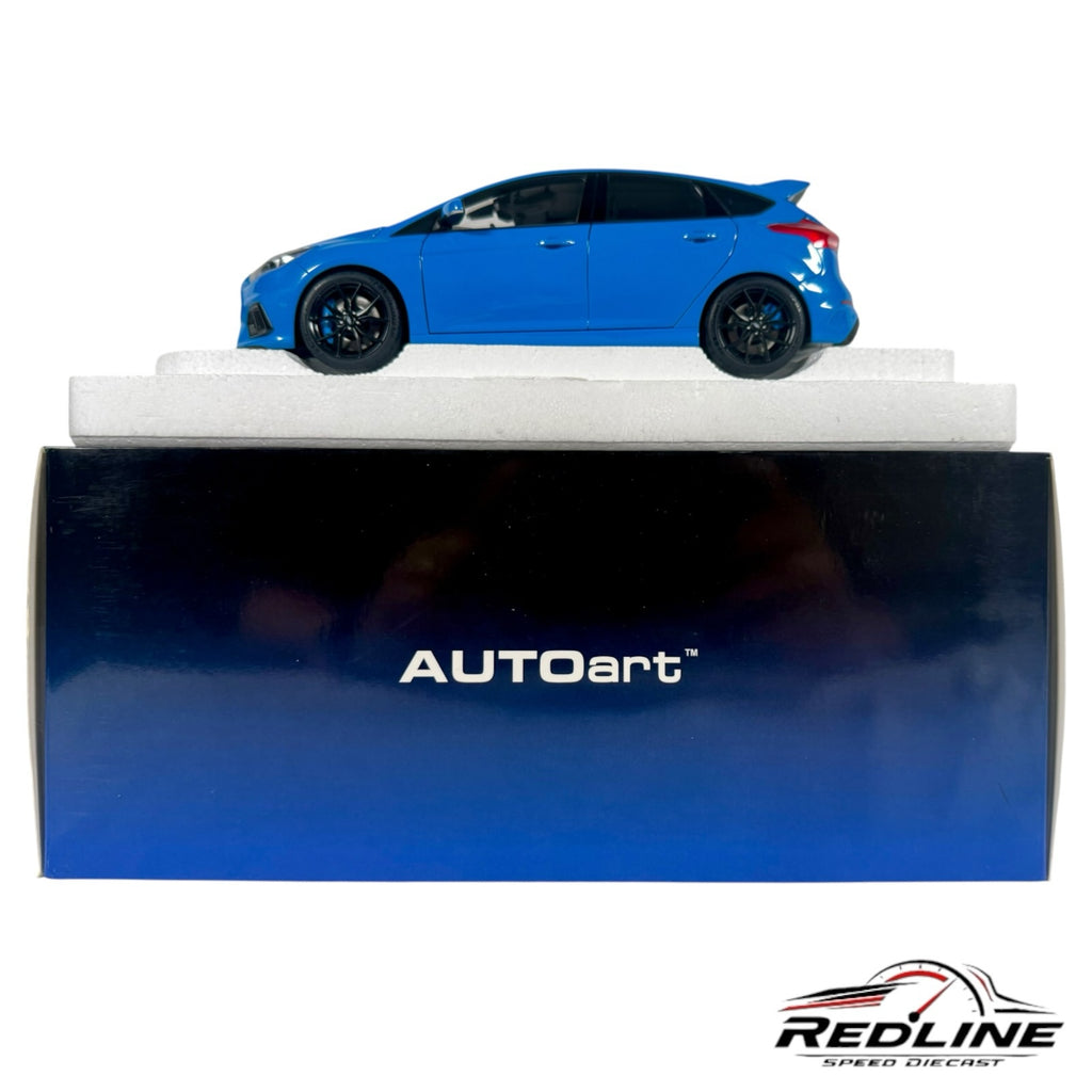 Redline Speed Diecast 1:18 scale AUTOart Ford Focus RS model car in Nitrous Blue with black wheels on display base