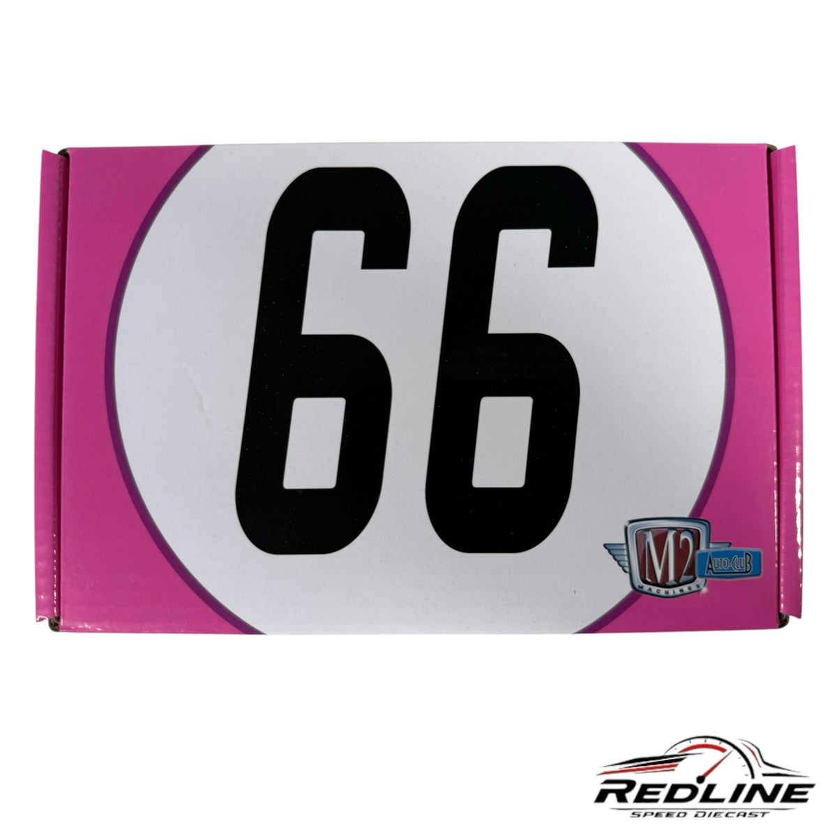Redline Speed Diecast M2 Machines Ford GT40 pink display box with large number 66 racing graphic