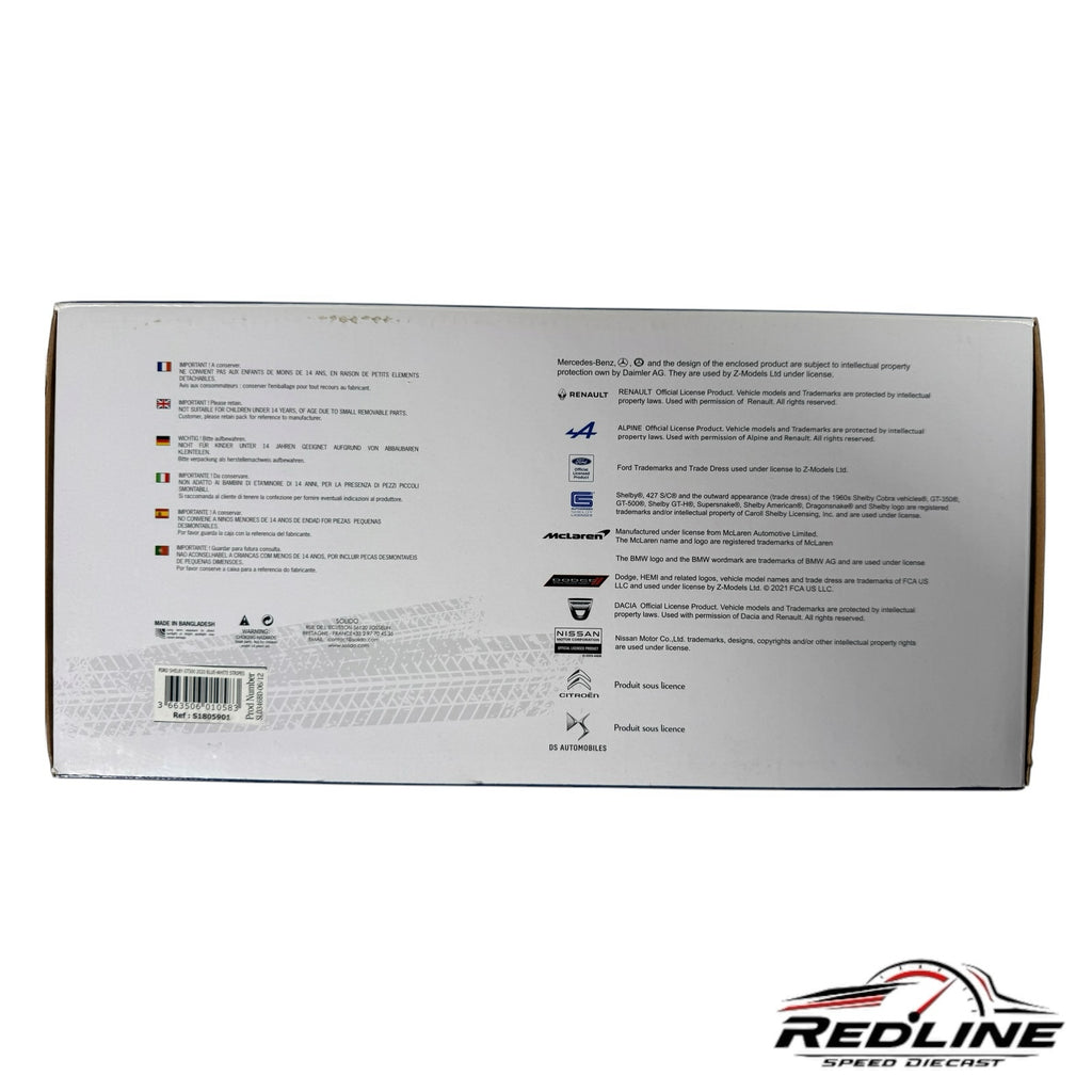 Redline Speed Diecast packaging box for a Solido Ford Shelby Mustang model car showing legal text and brand logos