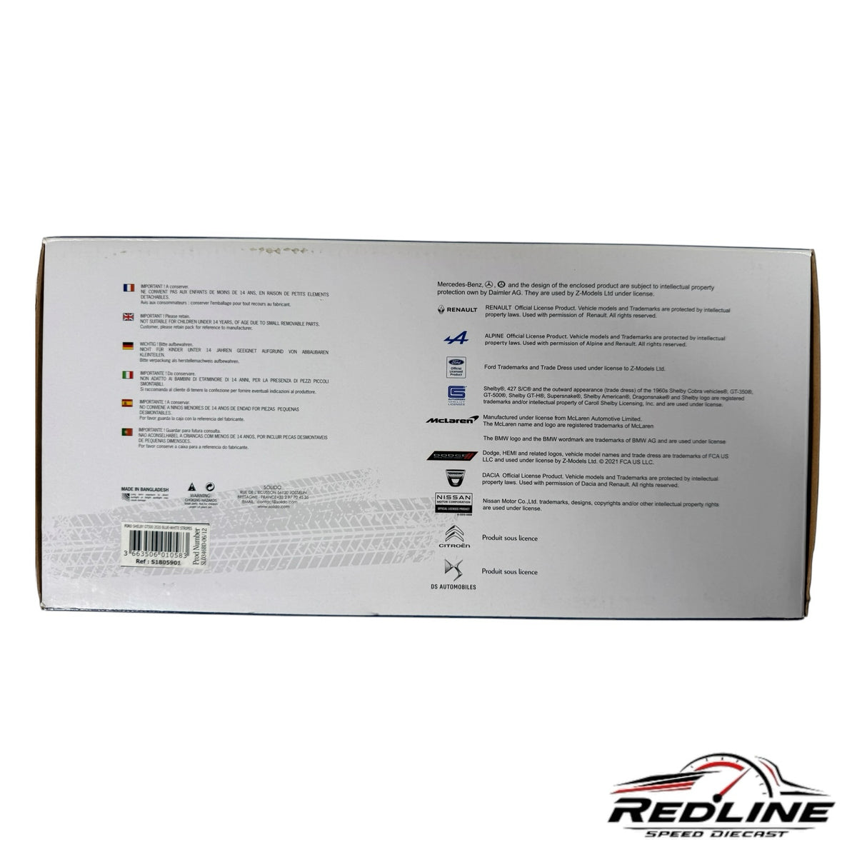 Redline Speed Diecast packaging box for a Solido Ford Shelby Mustang model car showing legal text and brand logos