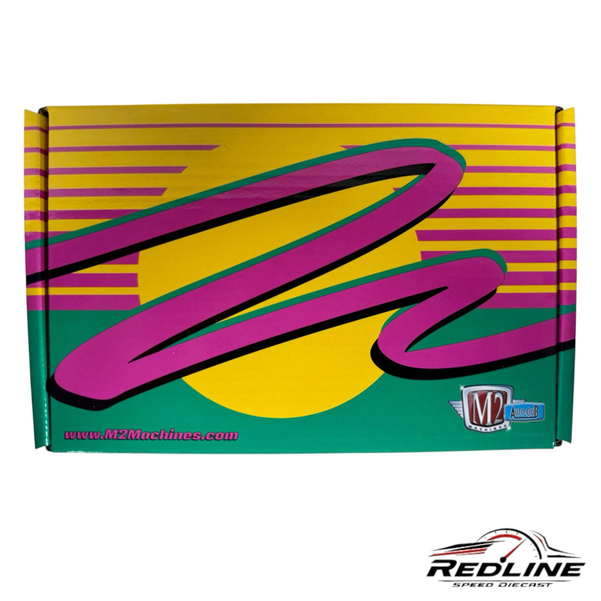 Redline Speed Diecast M2 Machines Ford Ranger collector box with vibrant retro 90s neon yellow, pink, and green design