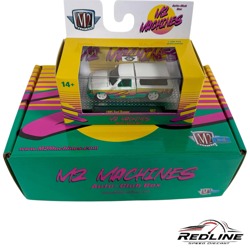 Redline Speed Diecast M2 Machines 1995 Ford Ranger 1:64 scale model truck in white with retro graphics in display box