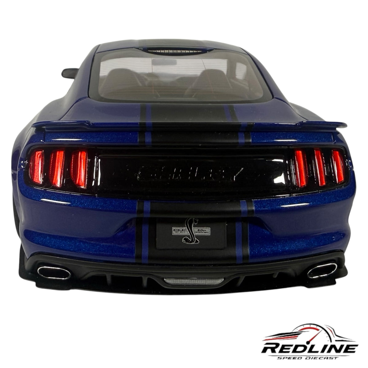 Redline Speed Diecast 1:18 scale metallic blue Ford Shelby GT350 widebody model car rear view with black racing stripes