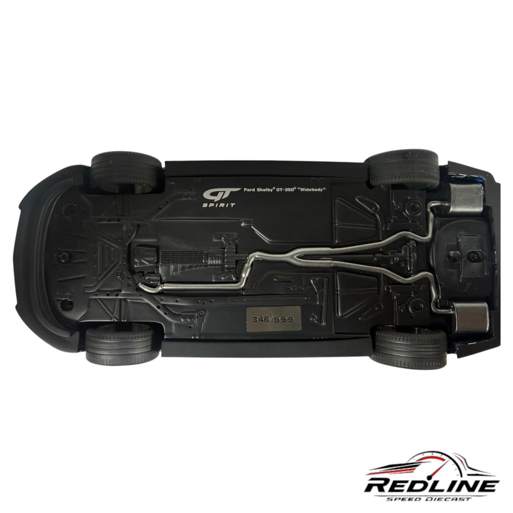 Underside view of Redline Speed Diecast Ford Shelby GT350 widebody model showing chassis details and serial number