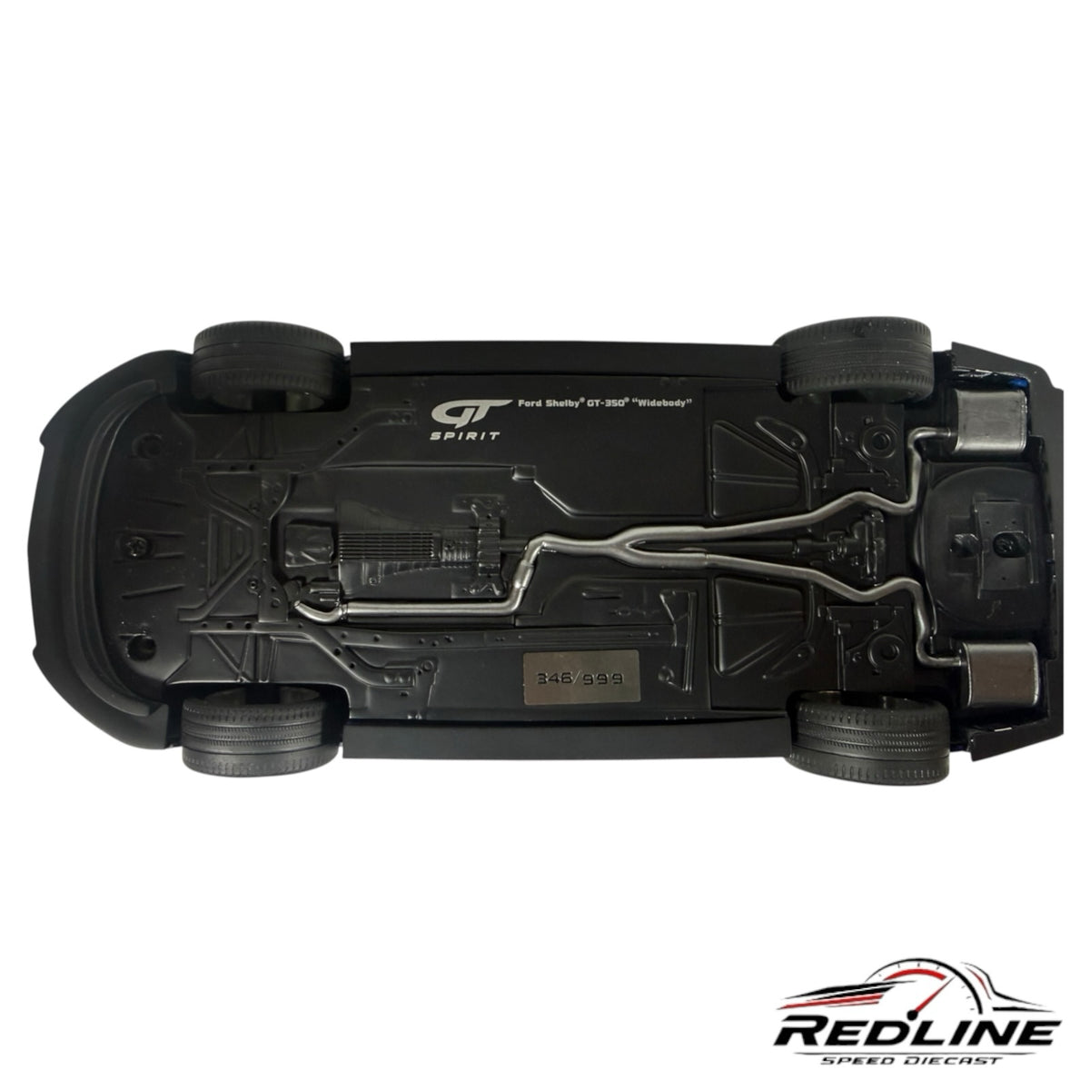 Underside view of Redline Speed Diecast Ford Shelby GT350 widebody model showing chassis details and serial number