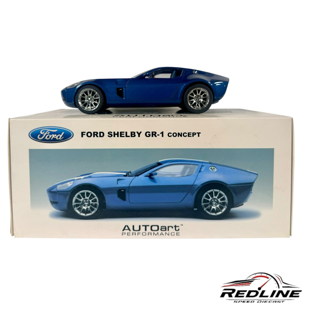 Redline Speed Diecast AUTOart Ford Shelby GR-1 Concept model car in metallic blue with white racing stripes on display