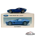 Redline Speed Diecast AUTOart Ford Shelby GR-1 Concept model car in metallic blue with white racing stripes on display