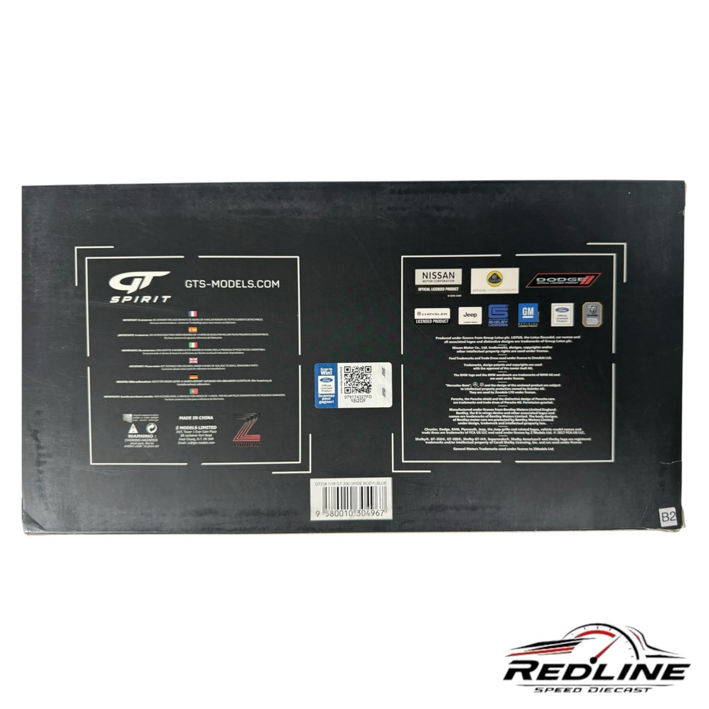 Back of the Redline Speed Diecast packaging for a Ford Shelby GT350 model car featuring licensing logos and barcodes.
