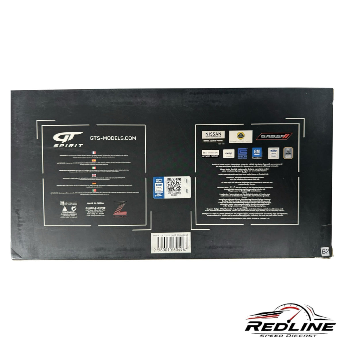 Back of the Redline Speed Diecast packaging for a Ford Shelby GT350 model car featuring licensing logos and barcodes.
