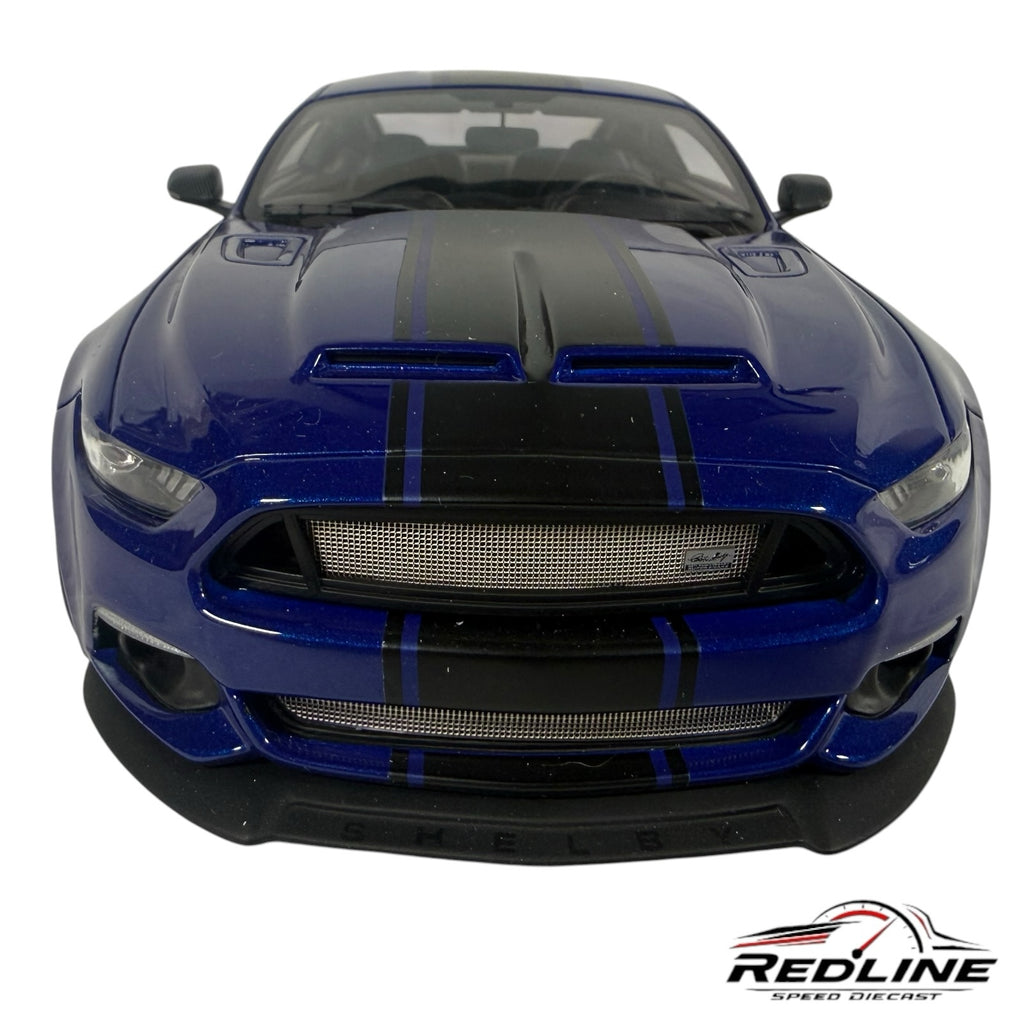 Redline Speed Diecast 1:18 scale Ford Shelby GT350 widebody model in metallic blue with black racing stripes