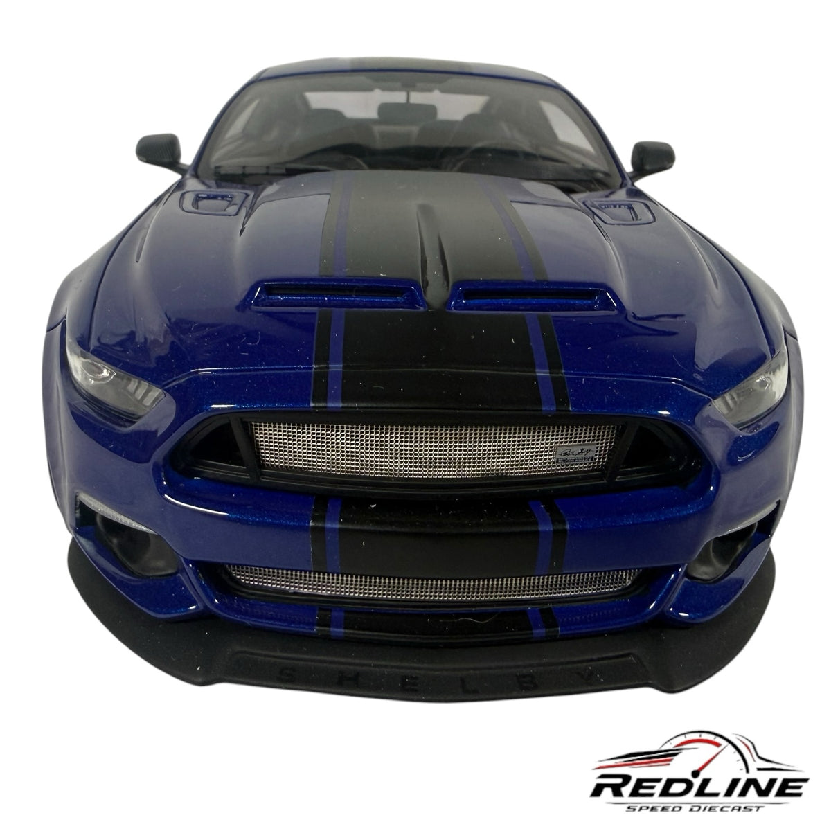 Redline Speed Diecast 1:18 scale Ford Shelby GT350 widebody model in metallic blue with black racing stripes