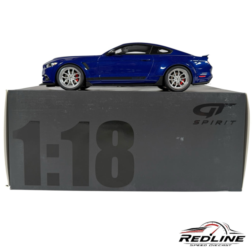 Redline Speed Diecast 1:18 scale metallic blue Ford Shelby GT350 widebody model car displayed on its collector box.
