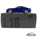 Redline Speed Diecast 1:18 scale metallic blue Ford Shelby GT350 widebody model car displayed on its collector box.