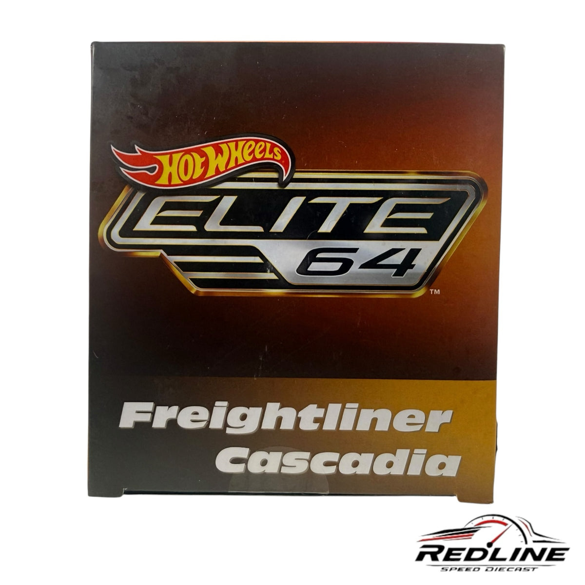 Redline Speed Diecast Hot Wheels Elite 64 Freightliner Cascadia packaging box with branding and model name