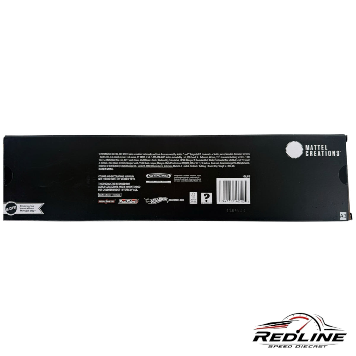 Redline Speed Diecast Hot Wheels Elite 64 Freightliner Cascadia packaging back view with product information