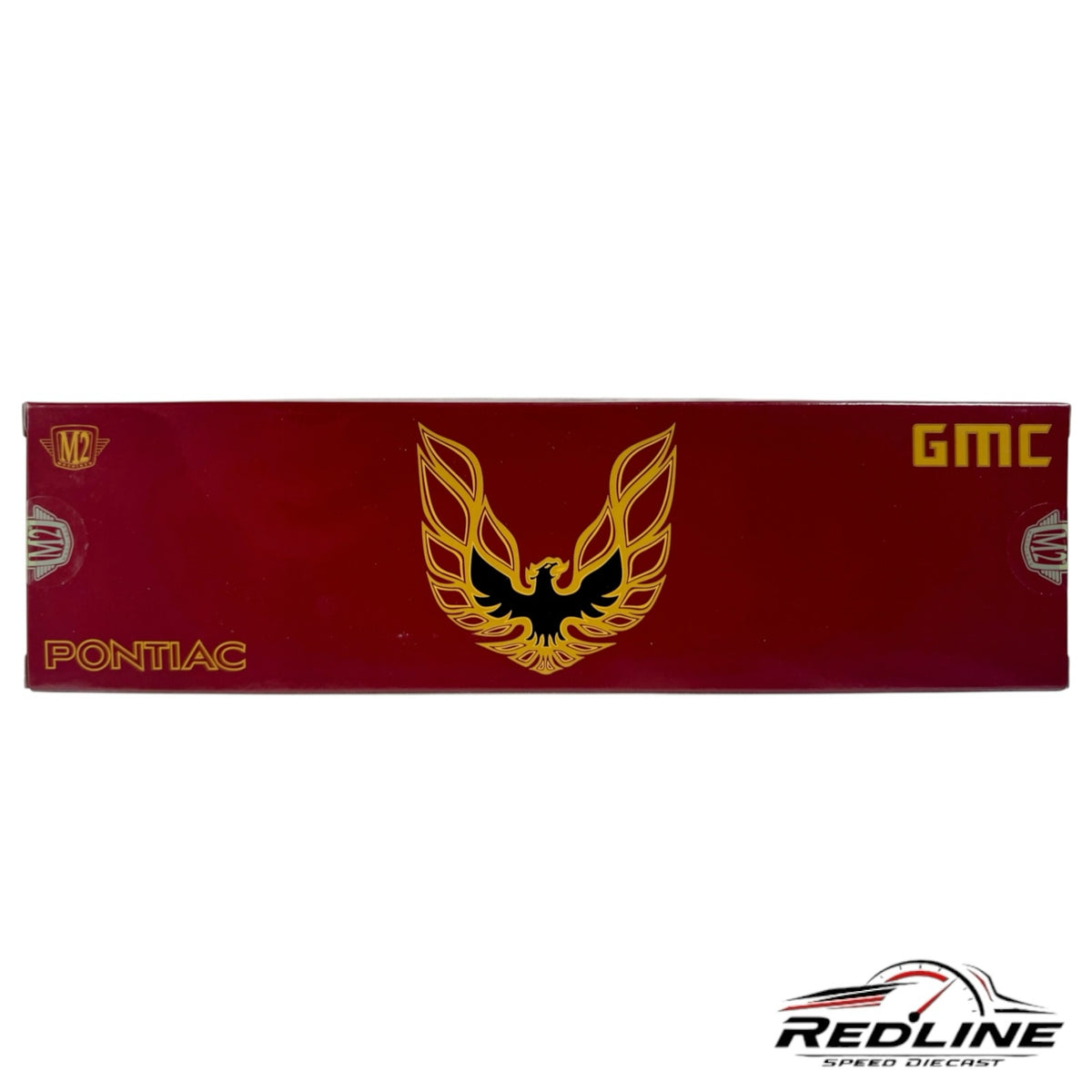 Redline Speed Diecast collector box for M2 Machines GMC truck and Pontiac Trans Am set in deep red with gold graphics