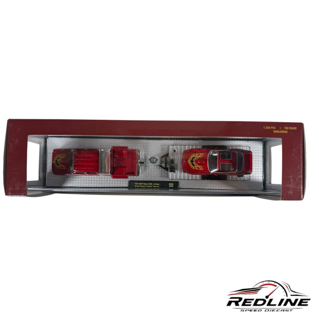 Redline Speed Diecast 1977 GMC Sierra truck and Pontiac Firebird trailer set in a collector display box